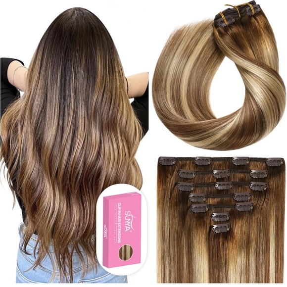 Other - 16 Inch , #P6/613/T4 Clip in Hair Extensions Real Human Hair 16 inch 120g 7pcs